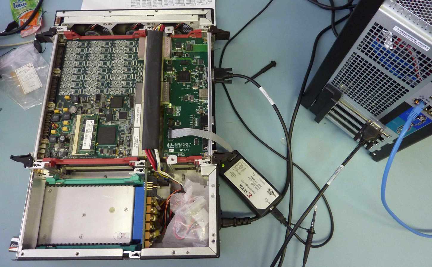 Example test setup with PCIe on cable to host PC.